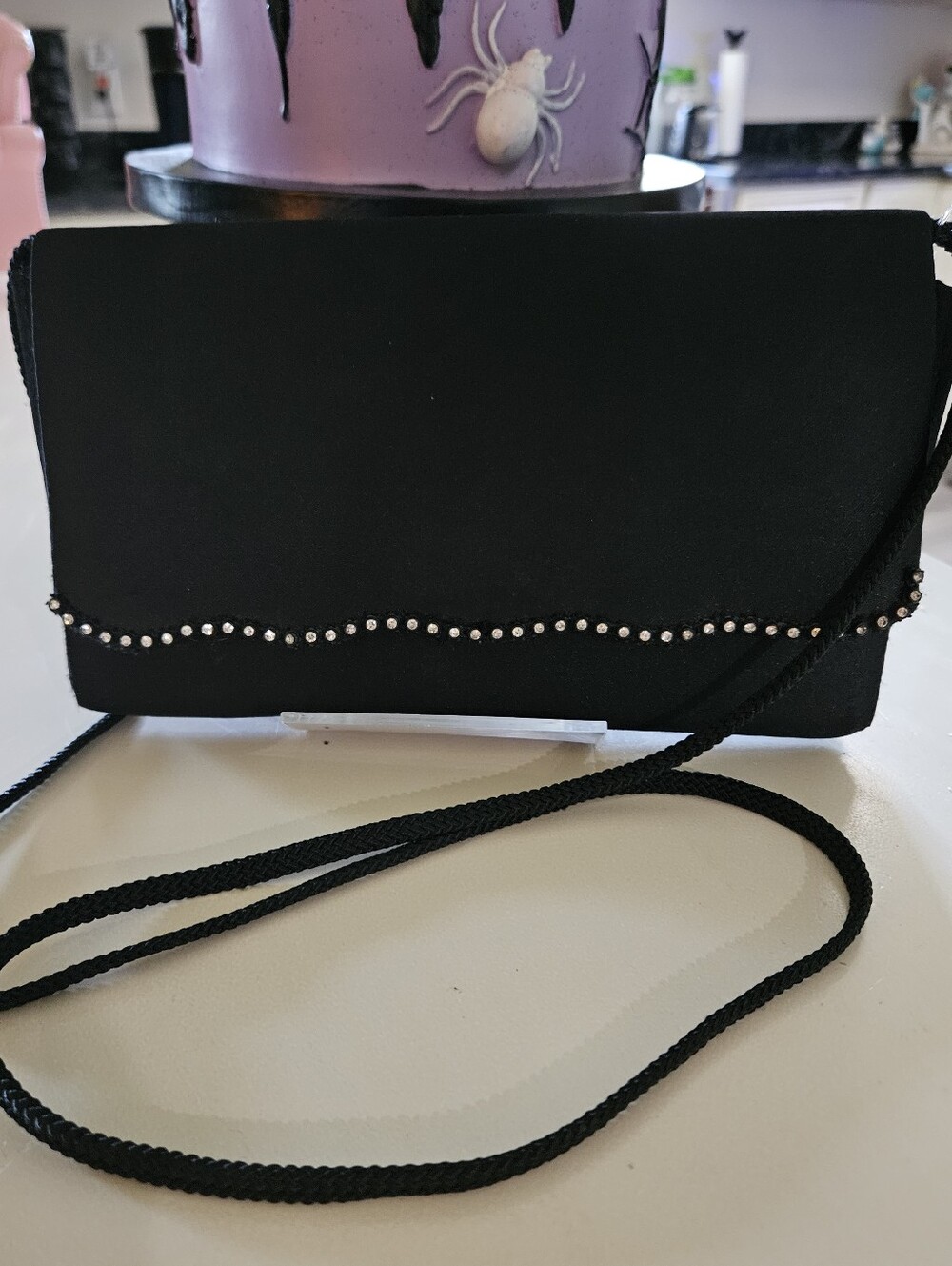 Vintage 1980s La Regale Black Satin Evening Clutch Purse Rhinestone Accent Braid